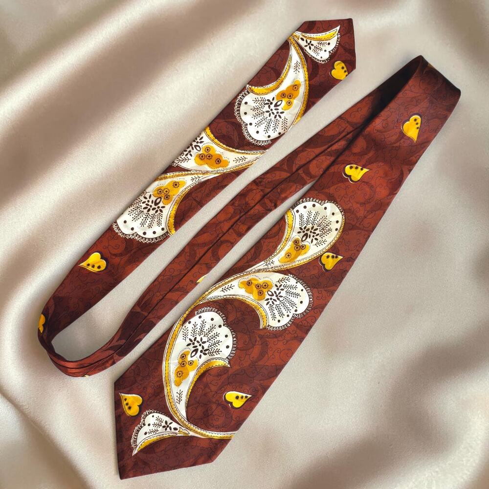 VTG R.B. Penno Cincinnati Rayon Satin Paisley Wide Necktie Brown Gold 60s 70s